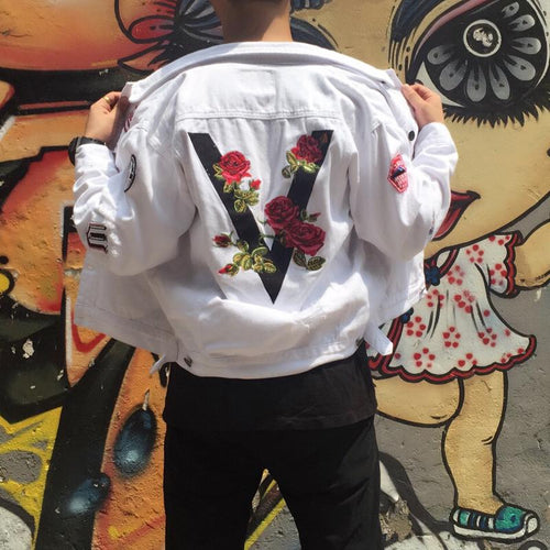 Floral V white denim