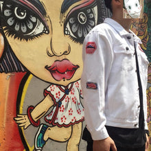 Floral V white denim